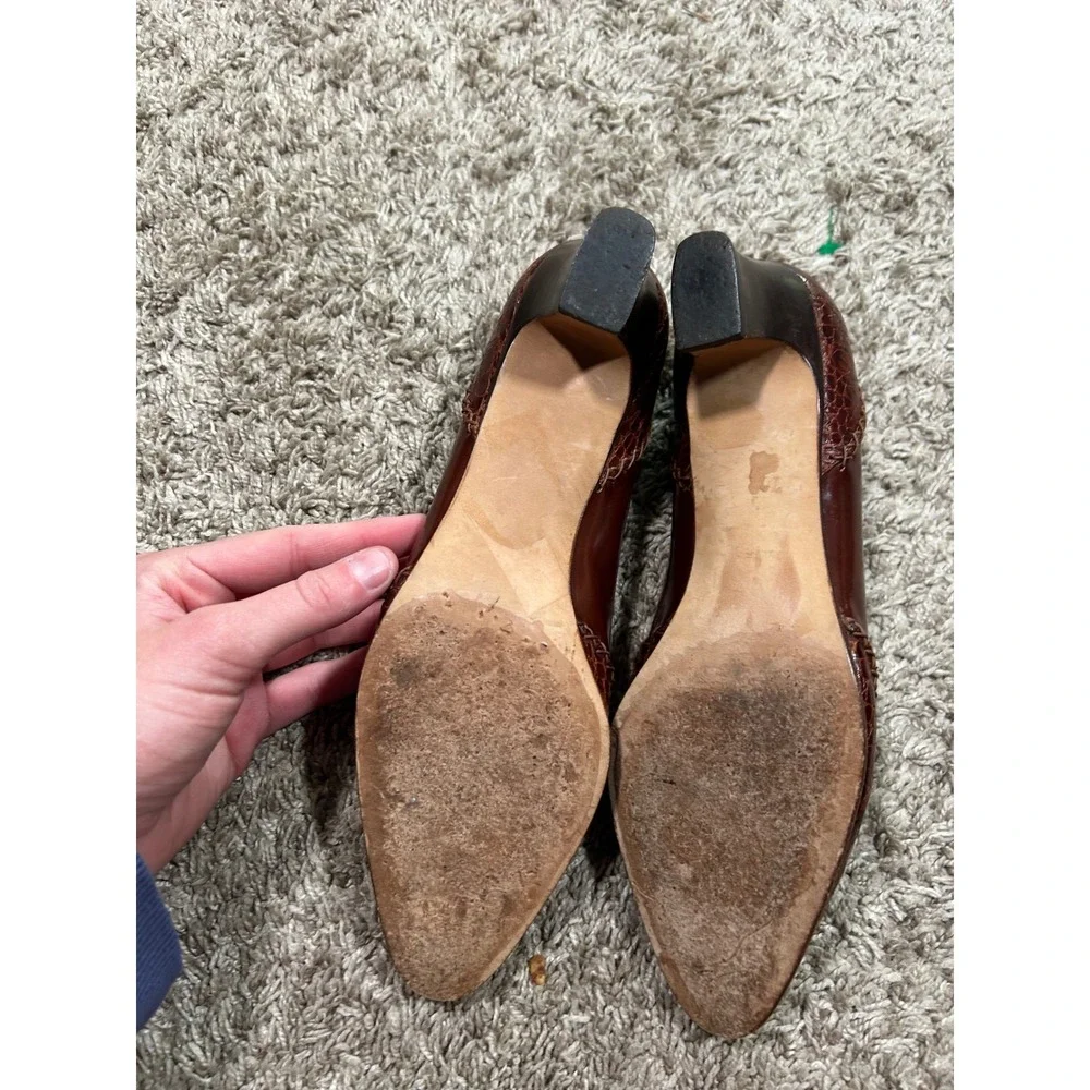 Bally Ardsley Leather Croc Embossed Whipstitch Block Heel Pumps 7M Italy Luxury